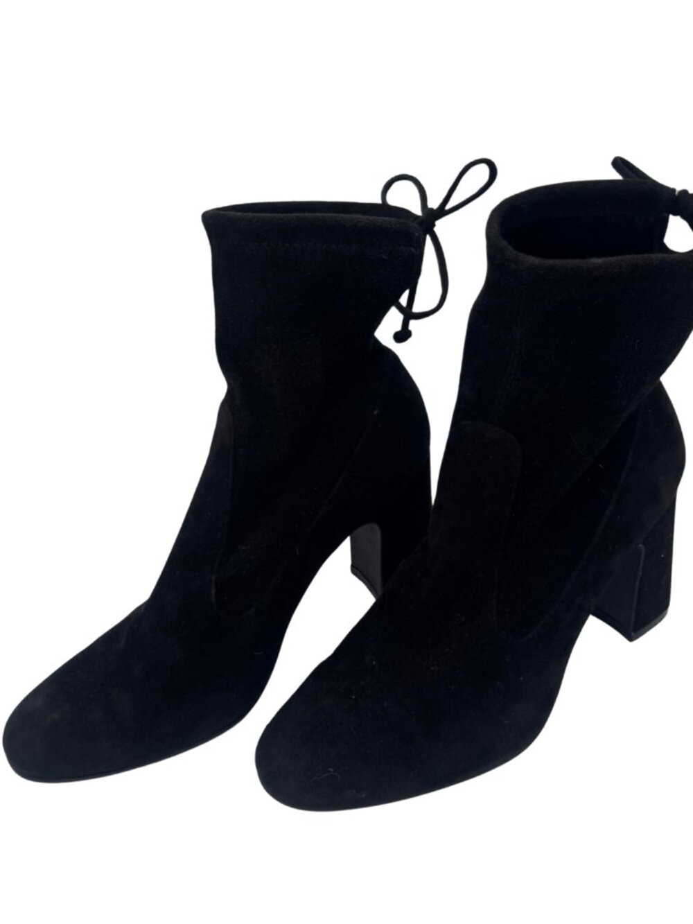 Stuart Weitzman Black Suede Sock Ankle Boots Tie Back Block Heel, Women's Size 7